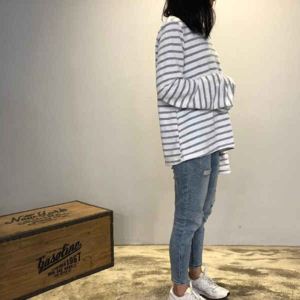 寬袖條紋圓領T